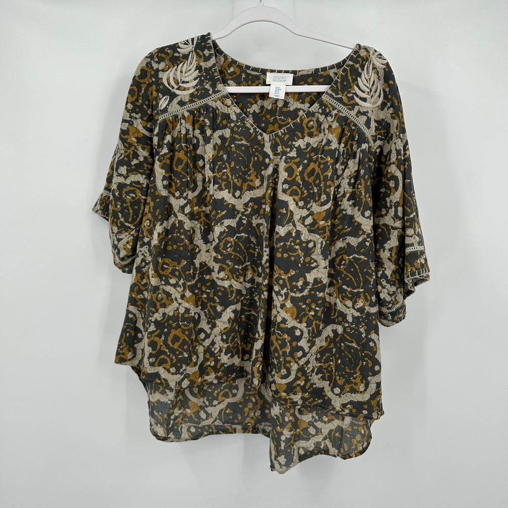 Sigrid Olsen Womens Boho Artisan Batik Print Top Size M Earthy Gauzy Peasant